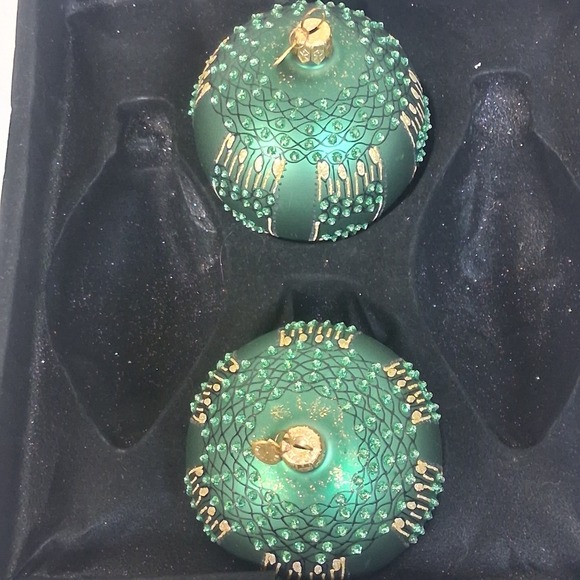 2 Vintage Dept 56 Poland Glass Ornaments Green Gold Glitter Embellished Elegant - Picture 14 of 16